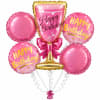 Pink birthday balloon bouquet with a gold champagne glass balloon