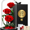 Three red roses under a glass dome beside a black gift box