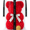 Red rose teddy bear in a clear display box with black and white ribbons