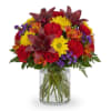 Mixed bouquet of red, yellow, purple, and orange flowers in a clear glass vase