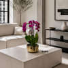 Purple orchid plant in a gold pot on a coffee table