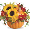Radiantly rustic sunflowers and other beautiful blooms in a hand-painted ceramic pumpkin