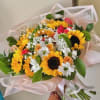 Bouquet of Sunflowers, Roses, Mini Roses, White Daises, and Ruscus, with baby