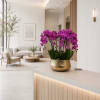 Purple orchids in a gold bowl on a countertop in a modern lobby