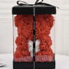 Red rose teddy bear in a clear gift box with a black ribbon