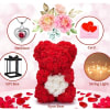 Red rose teddy bear with a white heart on its chest, shown with gift add-ons