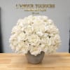 Round bouquet of white roses in a gray vase