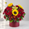 Red roses and yellow sunflowers in a burgundy box with a bee pick.