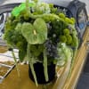 Green floral arrangement with hydrangeas and anthurium on a car