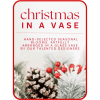 Christmas-themed graphic with frosted pine branches, red berries, pine cones, and festive text
