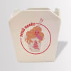 Takeout-style carton with a red illustrated noodle graphic
