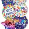 Cluster of colorful birthday balloons with curled ribbons