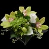 Green and white bouquet with orchids and calla lily in a clear wrap