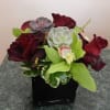 Black Baccara roses, green cymbidium orchids and succulent cuts make the focal
