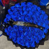 Bouquet of vivid blue roses with a black ribbon reading "Feliz Cumpleaños"