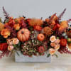 Low rectangular centerpiece with orange and red roses, protea, hydrangea, and small pumpkins.