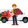Cartoon florist holding a pink bouquet beside a flower delivery van
