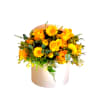 Yellow and orange bouquet in a white hatbox
