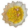 Bouquet of yellow roses wrapped in pale paper with butterfly accents