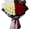Two tightly clustered bouquets of roses-one deep, velvety red and the other