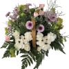 Pink and white floral arrangement with purple blooms in a wooden easel frame