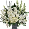 "Like the sun on the horizon, this pure white bouquet of hydrangea
