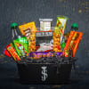 Chocolate and candy gift basket in a black container