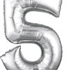 Silver foil balloon shaped like the number 5
