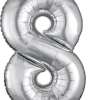 Silver foil balloon shaped like the number 8