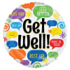 Round foil balloon with colorful speech bubbles and the words "Get Well!"