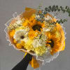 Bouquet of sunflowers, yellow roses, and white daisies wrapped in orange paper