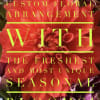 Red dahlia bouquet with yellow text overlay