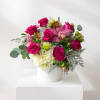 Pink roses and orchids arranged in a white vase.