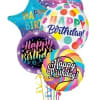 Cluster of colorful birthday balloons with printed messages.