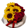 Sunflowers and deep red roses collide in a bold, romantic display made