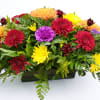 Low arrangement of red, yellow, orange, and purple blooms in a rectangular dark container