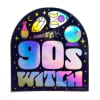 Colorful "90s Witch" graphic on a dark arched sign with stars and crystal icons