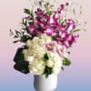 Pink orchids and white hydrangeas in a white vase