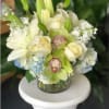 (ONE-SIDED) White roses and lilies, blue hydrangeas and green orchids put together