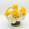 Yellow roses and White hydrangea in a cylinder vase.
