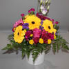Bright mixed flower arrangement in a white pot with yellow daisies and pink blooms