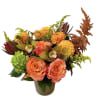 Orange roses, green hydrangea, orange dahlias, green orchid and fall fillers designed