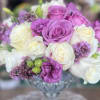 Purple and white roses arranged in a glass vase