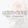 Text overlay on a soft floral arrangement background reading "ARTISTS CHOICE Vase Arrangement"