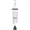 A hanging metal wind chime with silver tubes and a dark top and clapper