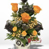 Black and orange roses on skeleton ceramic base
