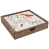 Wooden tray with a floral printed lid and a cardinal illustration