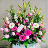 Luxury flower arrangement with pink roses, lilies, gerbera daisies, snapdragons, baby&rsquo;s breath