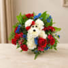 Dog-shaped bouquet of red roses, white carnations, and blue flowers