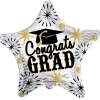 Star-shaped silver balloon with black and gold Congrats Grad text and graduation cap graphic